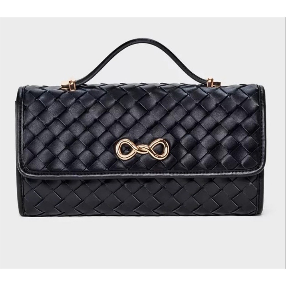 A New Day Woven Clutch Bag in black faux leather with gold-tone hardware - Picture 1 of 5